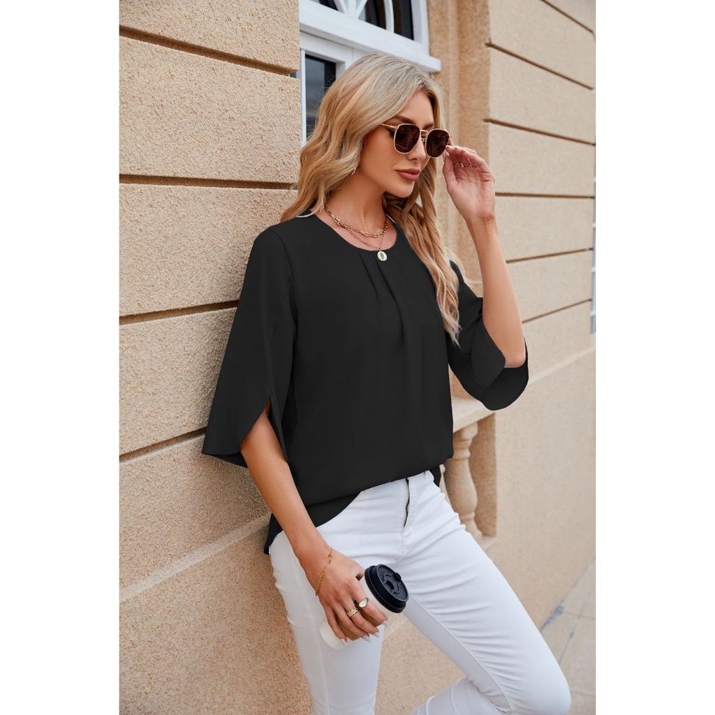 Solid Colour Round Neck Five-quarter Sleeve Short Sleeve,loose Chiffon Shirt Tops for Women