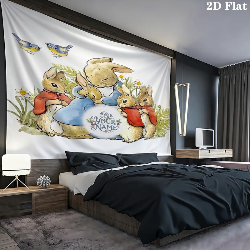 Easter Bunny Picnic Custom Name Wall Tapestry Aesthetic Wall Hanging Printed Fabric Blanket Decorative Tapestries For Bedroom Living Room Home Decor