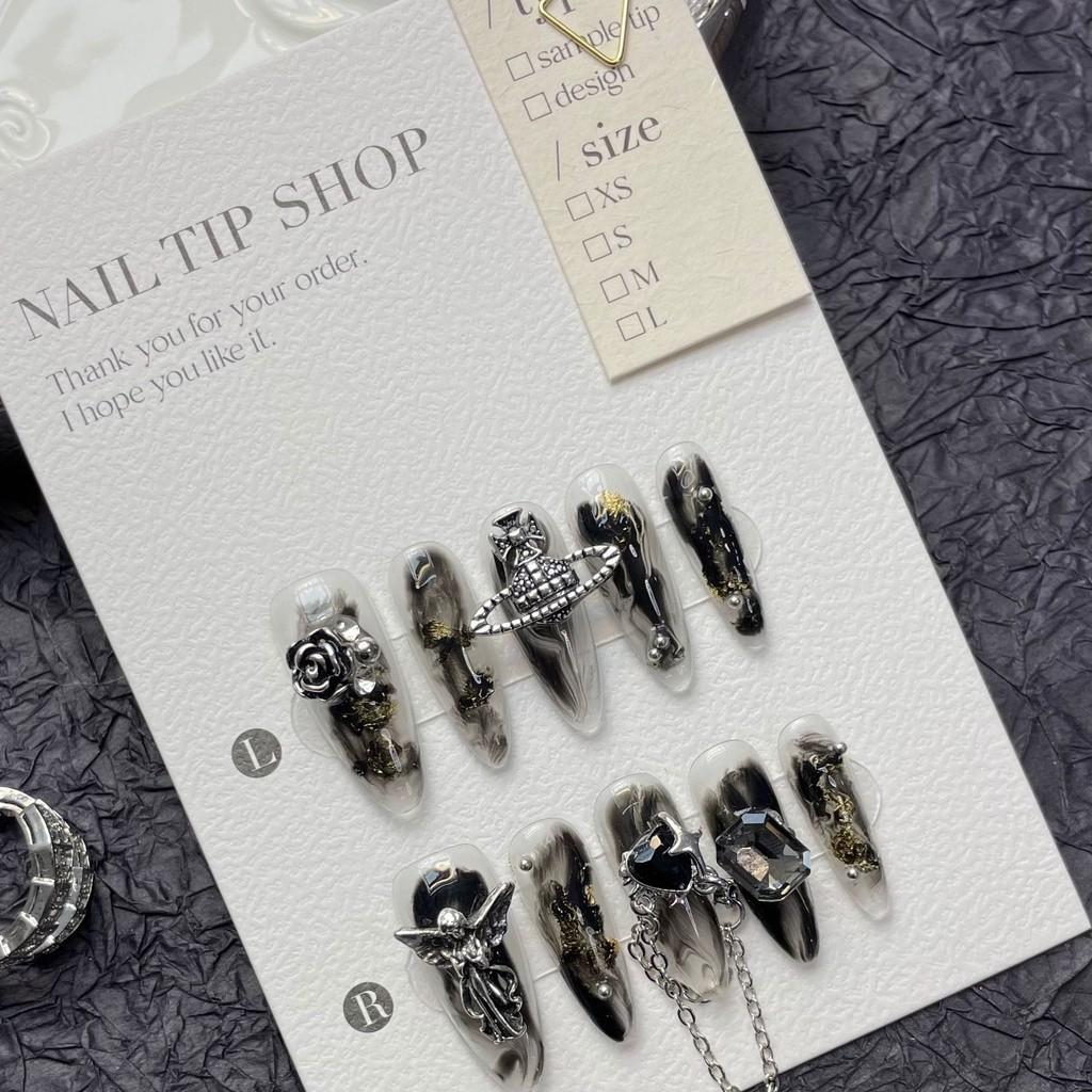 HANDMADE Long Water Drops Shape Artificial Nail Gentle Luxurious Hollow French High-end Light Blue Fine Sparkling Gemstones Phototherapy Nail