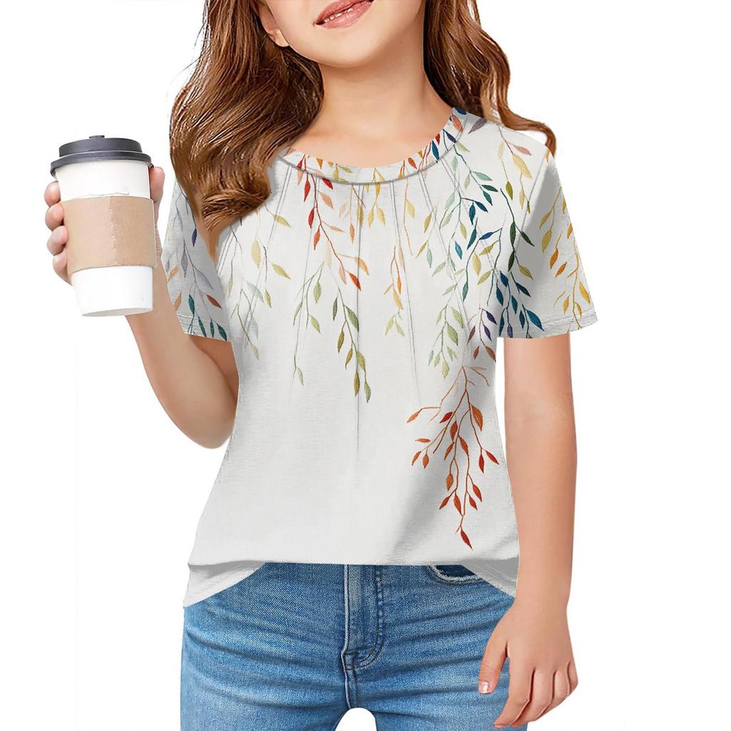 Детская футболка Fold A для девочек, летняя модная куртка с круглым воротником и цветочным принтом с короткими рукавами