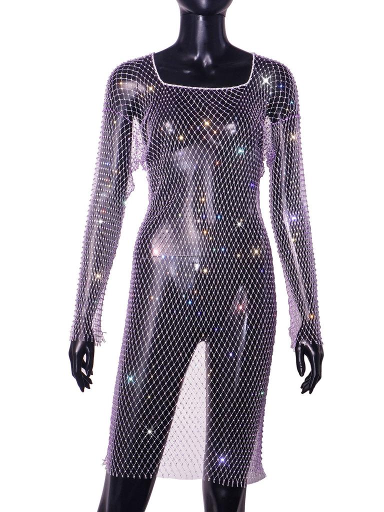 New Trend Fishing Net Rhinestone Shiny Hollow Party Sexy Two-piece Set