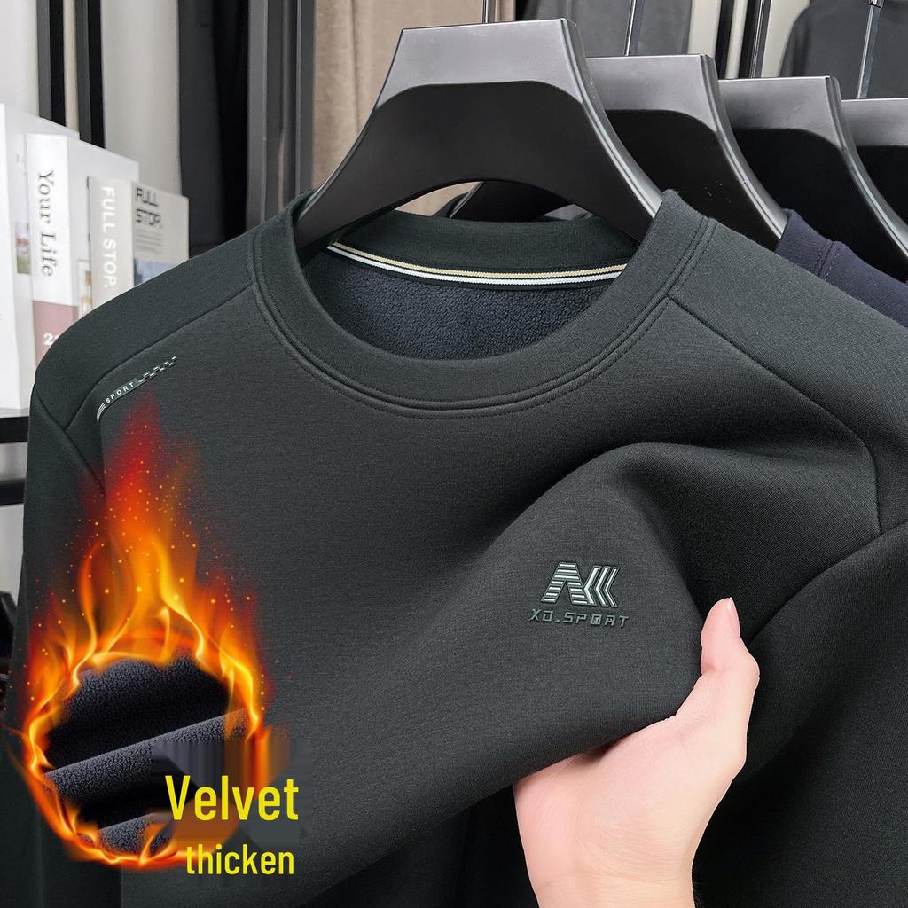 2025 Men's Fleece-Lined Casual Round Neck Warm Sweatshirt Long Sleeve T-shirt Winter Collection
