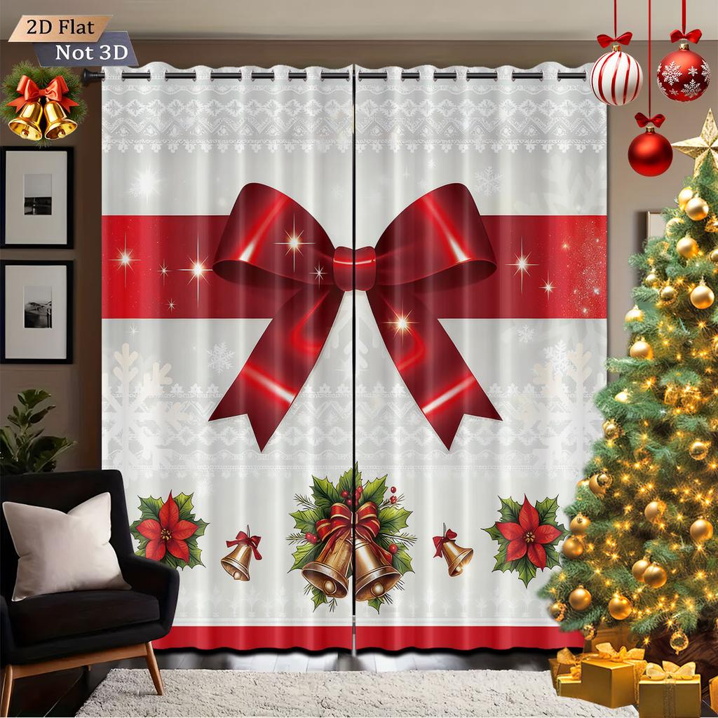 2Pcs Christmas Red Bow Print Blackout Curtains Multiple Size Living Room Bedroom Insulation Holiday Decoration Machine Washable