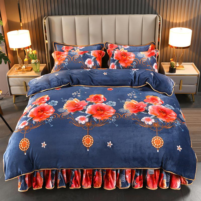 Комплект из 4 предметов плюшевого осенне-зимнего комплекта из утолщенного теплого флиса, простыни, пододеяльника с принтом, подзора для кровати, комплект для дома