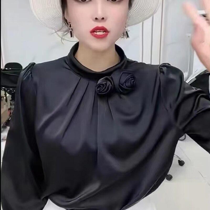 Элегантная офисная женская атласная блузка с цветочным декором, шифоновая рубашка, женские топы, осенняя одежда с воротником-стойкой и длинными рукавами 23174