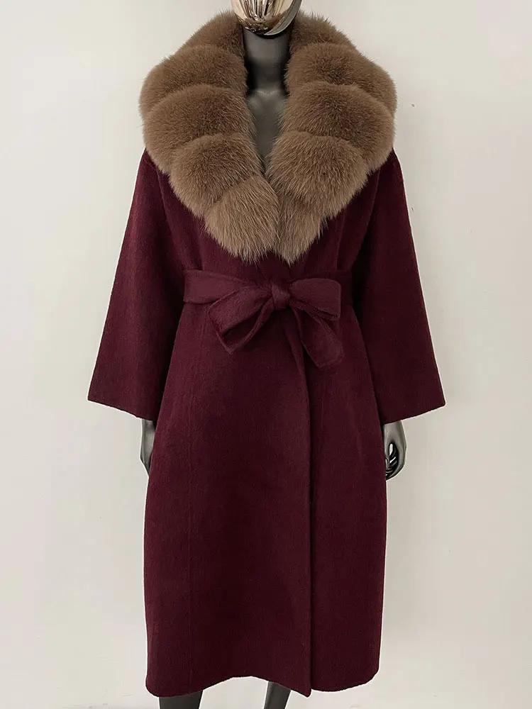 OFTBUY Натуральная шуба 2024 года, женская верхняя одежда больших размеров, зимняя женская куртка с воротником из натурального меха лисы и капюшоном, пальто из кашемировой шерсти