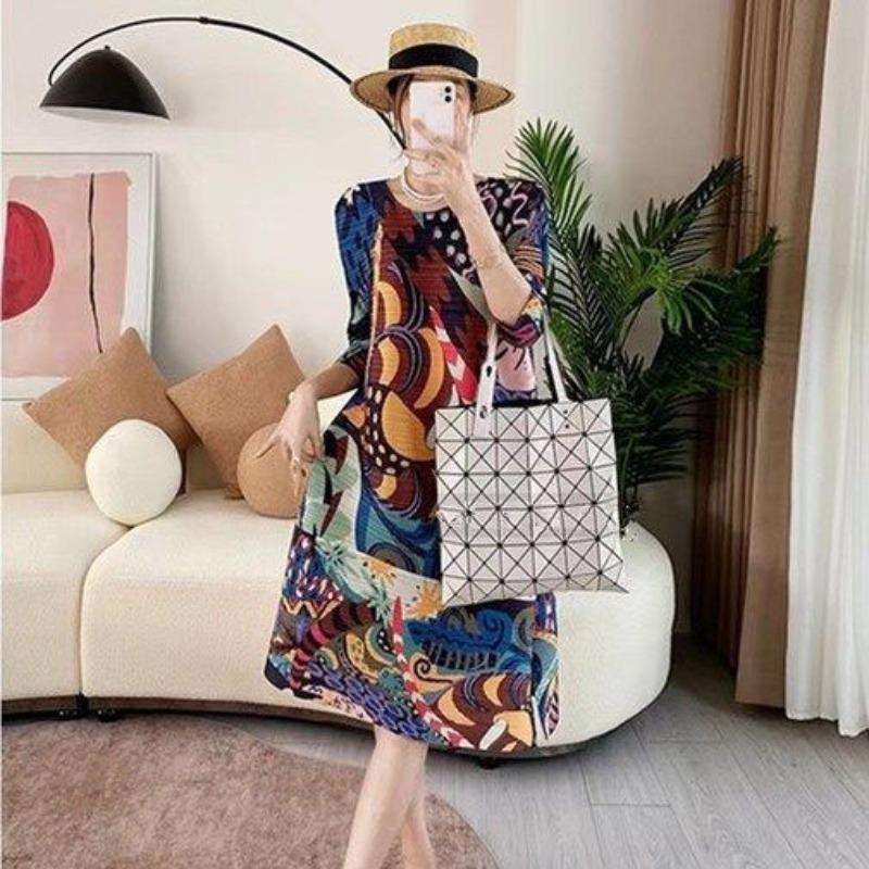 Темпераментное свободное платье в отпускном стиле с принтом для женщин, весна и осень, новая плиссированная юбка с круглым вырезом и рукавами четверти