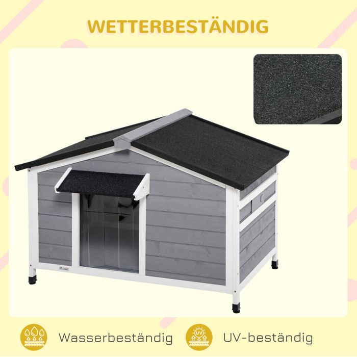 UVRION Solid Wood Dog Kennel with Opening Asphalt Roof and Door Curtain, Grey, 109 x 79 x 72 cm