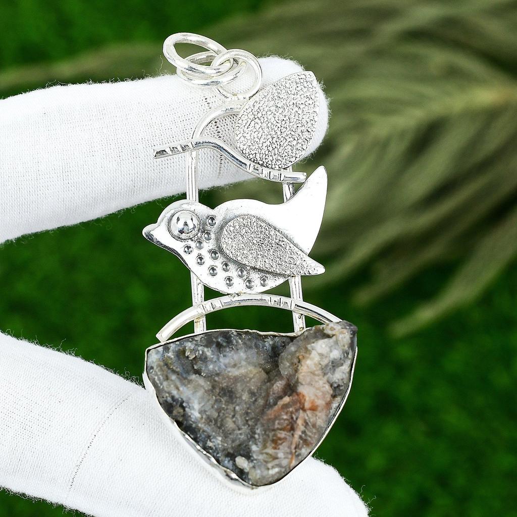 Серебро 925 пробы Подвеска с друзой 'Пустынная роза' в безеле Ручная работа Дочери Модная