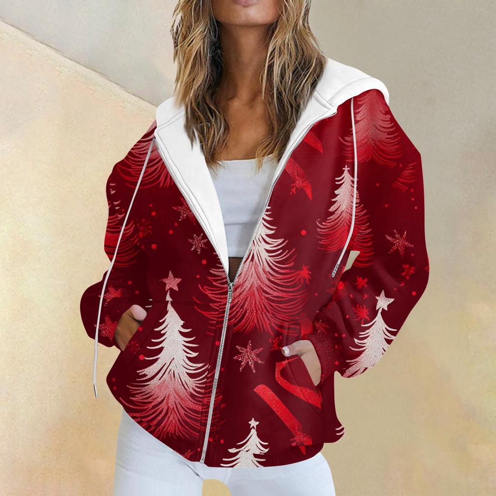 Женская повседневная рождественская печатная толстовка на осень и зиму с длинными рукавами и карманом на молнии с капюшоном