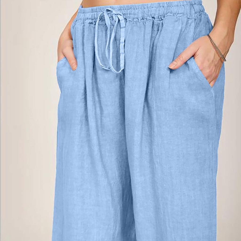 Летние хлопковые льняные широкие брюки, женские свободные брюки-палаццо, повседневные брюки с карманами и эластичной резинкой на талии, пуговицы