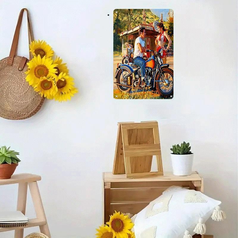 1 piece: Retro American-style gas station motorcycle tinplate painting, classic nostalgic bar/cafe decorative painting, living r