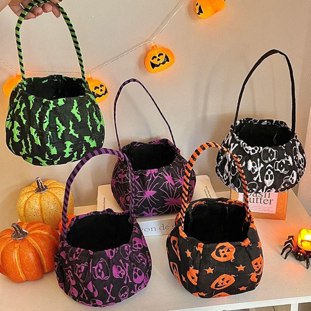 Polyester Trick-or-Treat Bag Basket Handle Candy Basket Halloween Bucket Kids Family Cosplay