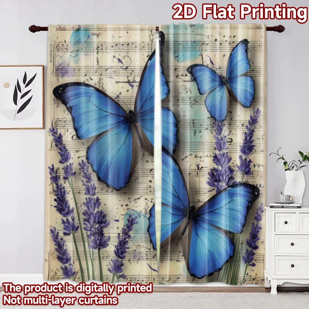 2D flat printing 2pcs Curtain Drapes Butterflies and Lavender Digital Printed Polyester Drapes Seasonal Party & Holiday Decor
