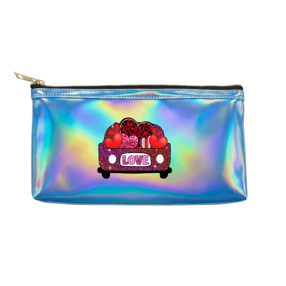Romantic Red Heart Love Car Pattern Laser Cosmetic Makeup Bag, Shiny Holographic Toiletry Organizer Pouch for Valentine Travel Daily Use