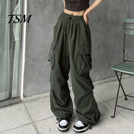 Trousers Women Cargo Pants Hip Hop Baggy Solid Color Multi Pockets Elastic Waist Match Top Loose Breathable Lady Clothes