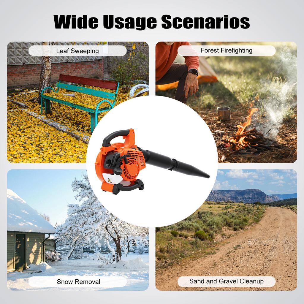 Бензиновая воздуходувка 25,4 куб.см 2-тактная ручная воздуходувка 7500 об/мин для уборки двора и газона, сдувания листьев и снега с 2 трубами