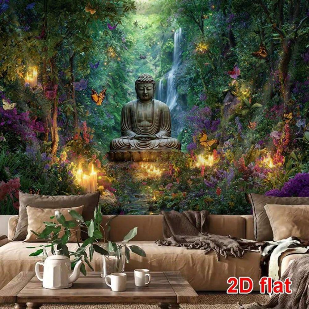 Zen Forest Buddha Statue Tapestry Waterfall Garden Wall Decoration Living Room Bedroom Yoga Room Tapestry Home Decoration