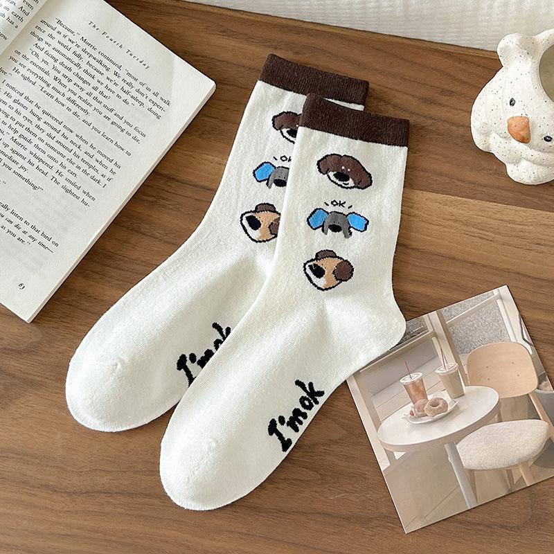 Мультяшные носки, Женские осенне-зимние носки до середины икры с фестончатым краем, Милые носки с таксой Дуи, Коричневые длинные носки