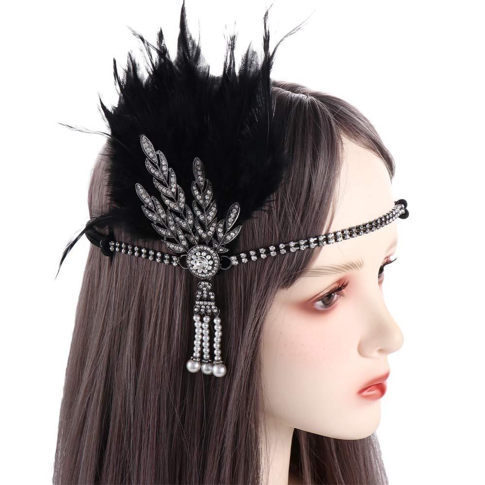 Black Sequin Feather Headwear Rhinestone Beaded Korean Style Headband  Cosplay Event