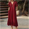 Summer Women's Dress Solid Colour V Neck Tie Short Sleeve A-Line Long Dresses
