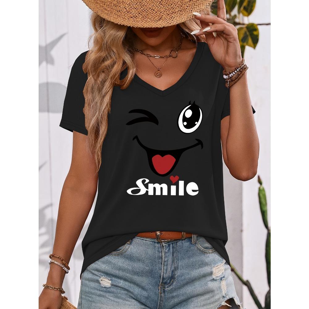Playful Winking Smiling Face with "Smile" Slogan and Heart-pattern Print on a