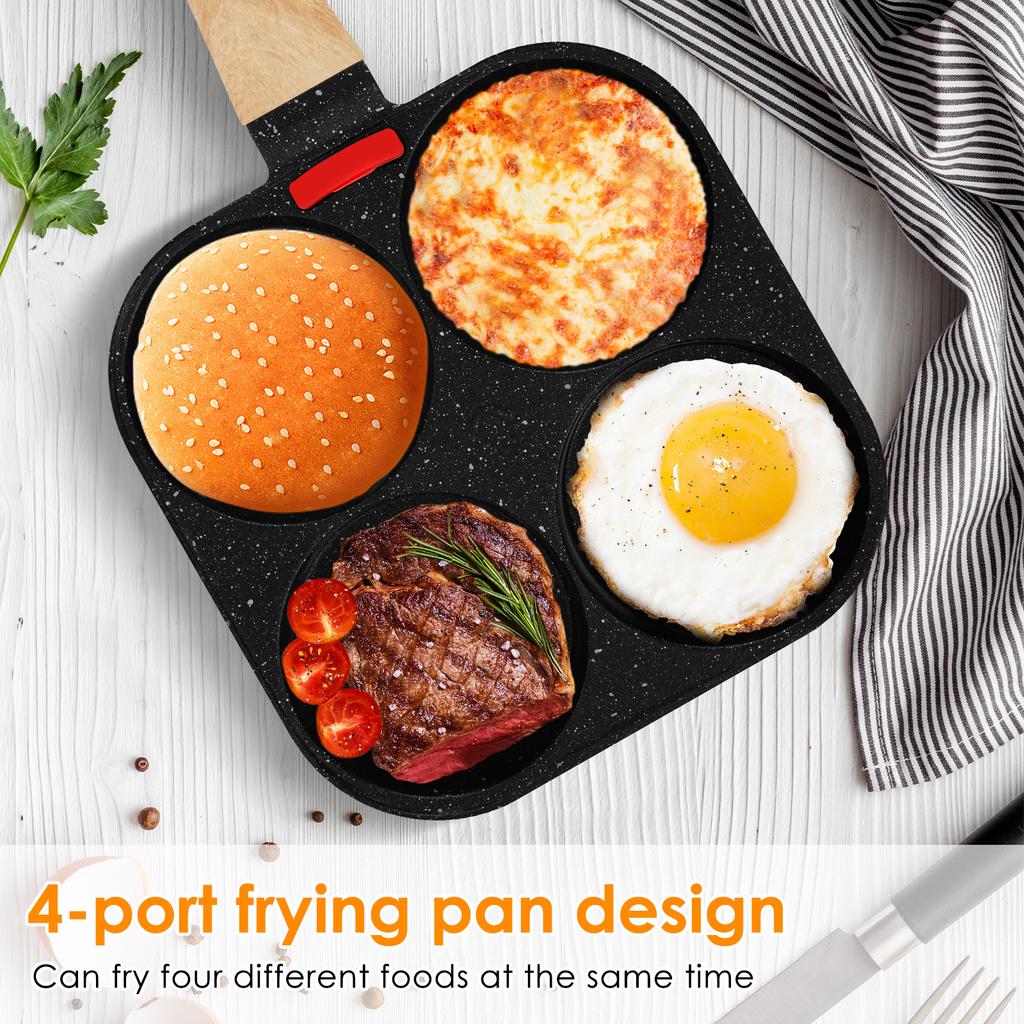 Non Stick 4-Cup Egg Frying Pan with flipping Lid Aluminum Pancake Egg Cooker with Spatula and Brush Burgers Omelet Cooking Pan