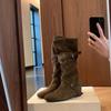 Grape mother studiolee height increased by 6cm~ Korean round head flat bottom suede piled boots medium boots women's autumn and winter