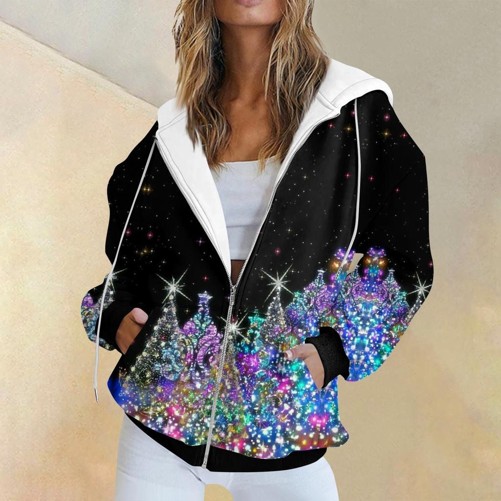 Женская модная повседневная толстовка с рождественским принтом и длинными рукавами, карманная куртка, пальто с капюшоном на молнии