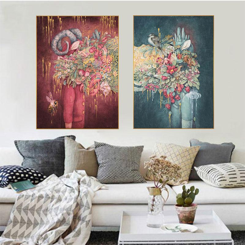 Современное абстрактное искусство, картина на холсте, настенное искусство, цветок на голове, кукольные постеры и принты для гостиной, декор детской комнаты