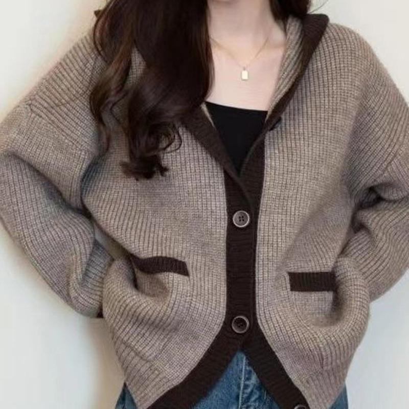 Свободный свитер с капюшоном в стиле колор-блок, женский вязаный кардиган, толстое пальто