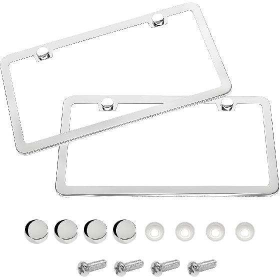 2PCS License Plate Frames, 2 Holes Rust-Proof Metal Car Tag Holder with Washers Screws Chrome Caps, Heavy Duty Stainless Steel Polished Frame for
