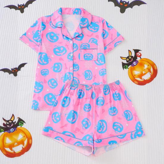 Комплект женской пижамы на Хэллоуин с принтом призрака и тыквы, рубашки с коротким рукавом на пуговицах и шорты, комплект одежды для сна из 2 предметов, домашняя одежда, короткий комплект пижамы