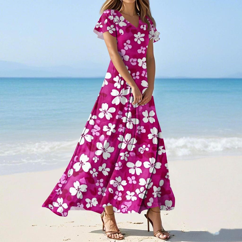 Женские летние повседневные модные платья с принтом и короткими рукавами и V-образным вырезом