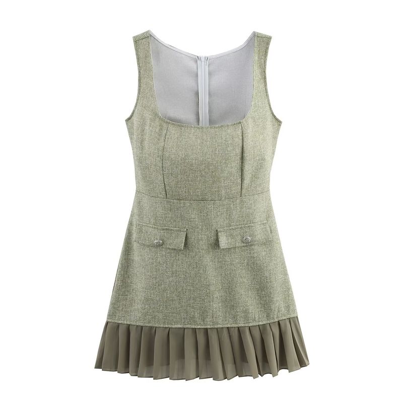 Kaslead New Arrival Women's Clothing Fashion Style Fashion Slim Fit Square Collar Sleeveless Pleated Dress