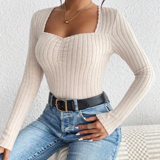 Women's Solid Ruched Sweerheart Neck Tee Casual Long Sleeve T Shirt for Fall Winter Women's Clothing for Daily Wear