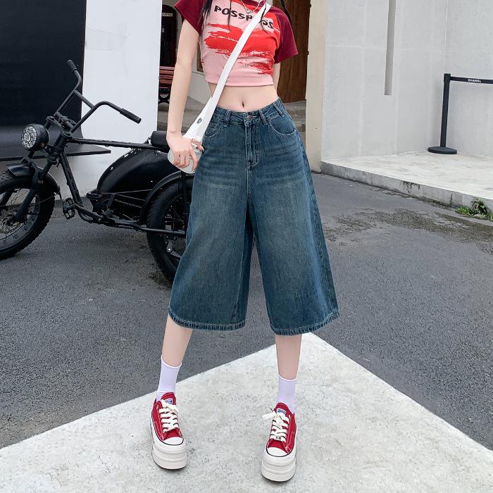 Женские винтажные джинсовые шорты с высокой посадкой и широкими штанинами - Летние легкие и свободного кроя