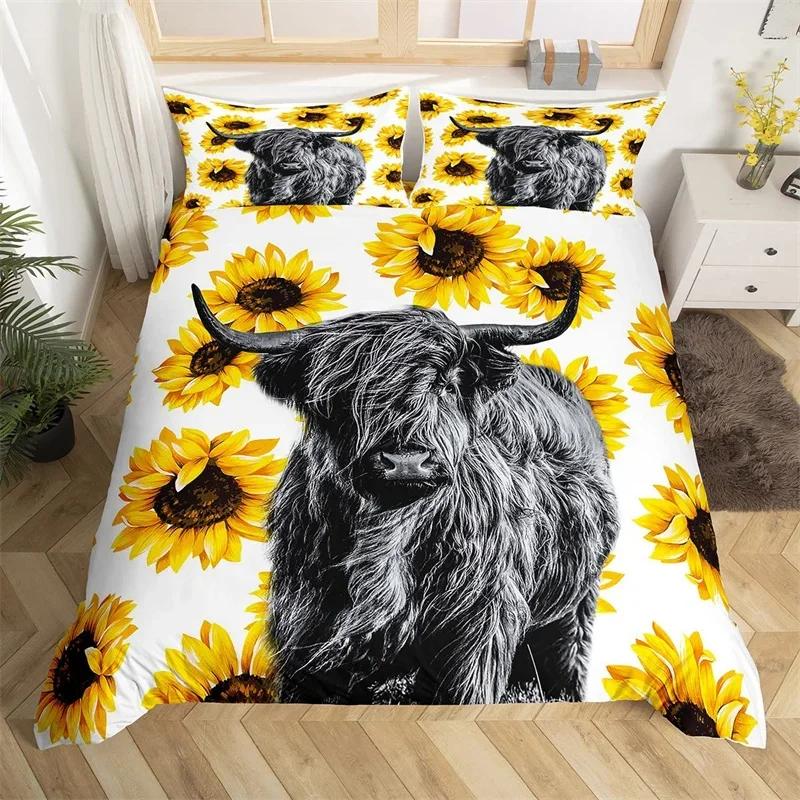 Пододеяльник Хайлендский скот Бык Подсолнух Корова Постельное белье Королева Для мальчиков Мужчин Микрофибра Дикая природа Фермерский дом Животное Покрывало