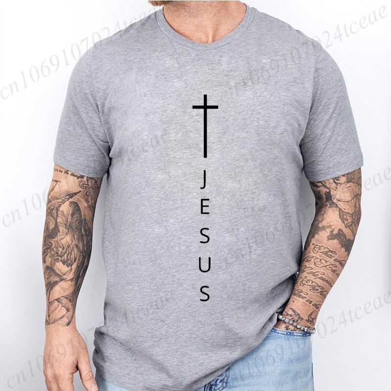 Men's Summer T-Shirts Fashionable Casual Loose Large Cross and Jesus Letter Printed Sports Round Neck Short Sleeve T-shirt Top