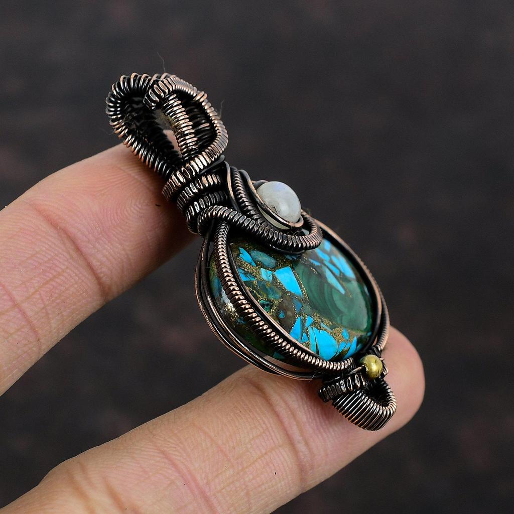 Медный малахитовый бирюзовый кулон, обернутый медной проволокой, ювелирное изделие, кулон с лунным камнем, драгоценный камень, подарок маме, кулон из медной проволоки ручной работы