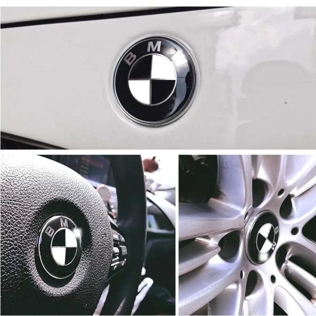 Эмблема на капот для BMW, логотип 81 мм, черно-белый + Задняя эмблема 74 мм + Колпак ступицы колеса 68 мм + Наклейка на руль 56 мм, 46 мм
