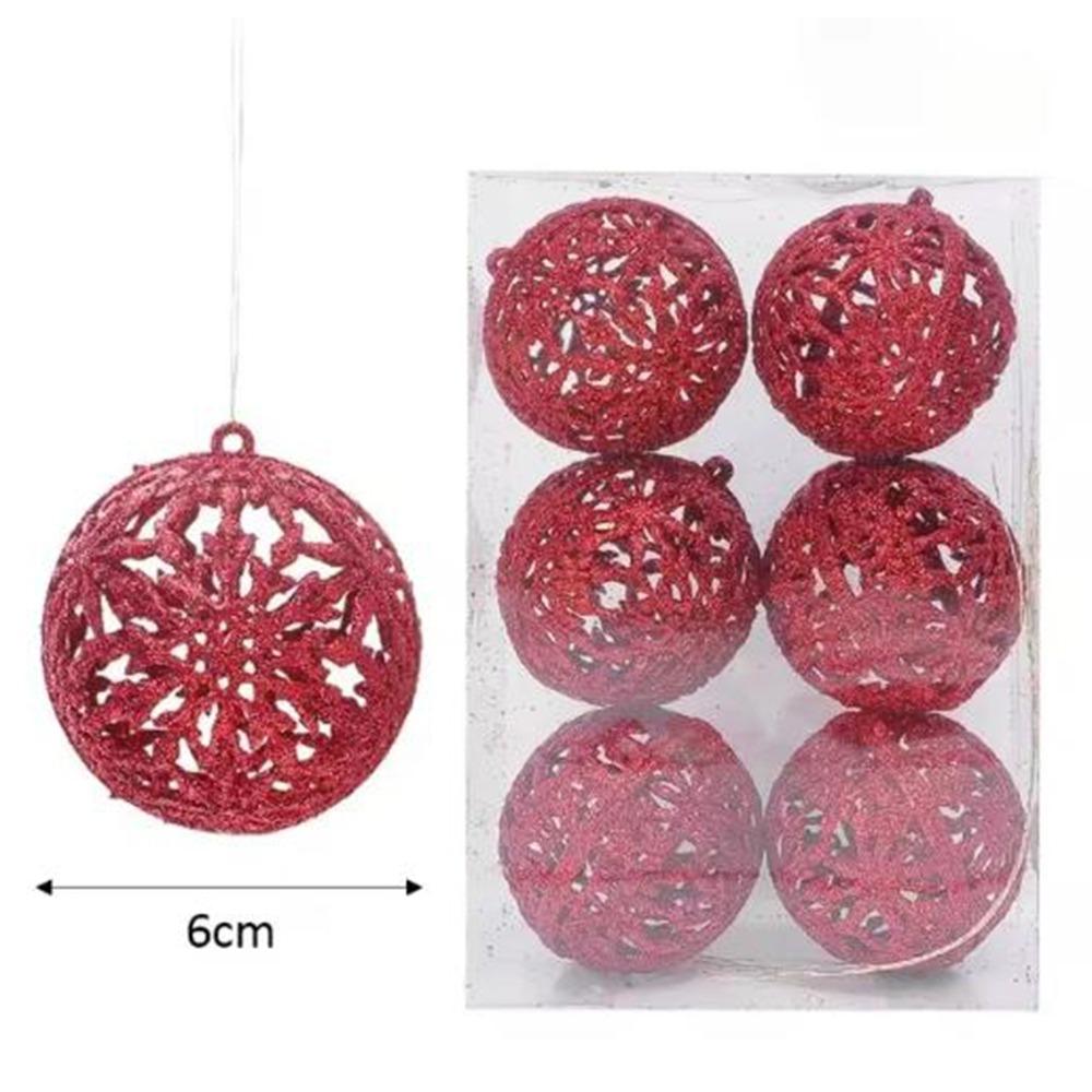 6Pcs 6CM Christmas Glitter Ornament Balls Red Gold Christmas Ball Pendants Hollow Out Decorative Christmas Tree Decoration