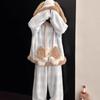 Женский коралловый флисовый пижамный комплект с капюшоном и щенком с кудрявой шерстью - Весенний новый стиль, Теплый, Утепленный, С флисовой подкладкой, Домашняя одежда