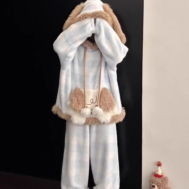 Женский коралловый флисовый пижамный комплект с капюшоном и щенком с кудрявой шерстью - Весенний новый стиль, Теплый, Утепленный, С флисовой подкладкой, Домашняя одежда