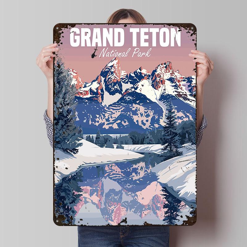 Grand Teton National Park in Winter Printed Posters Customizable Wall Art Retro Vintage Metal Tin Signs for Home Room Desk Decor