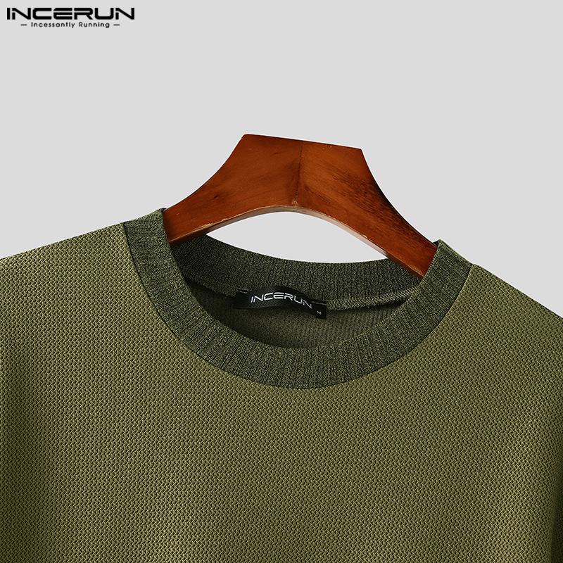INCERUN Летние мужские футболки с коротким рукавом и круглым вырезом, с фактурной строчкой, свободные топы