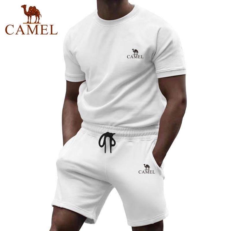 Camel Short Sleeved Men's Summer Casual Fashion Solid Color Two-piece Sports Suit Trendy Quarter Pants