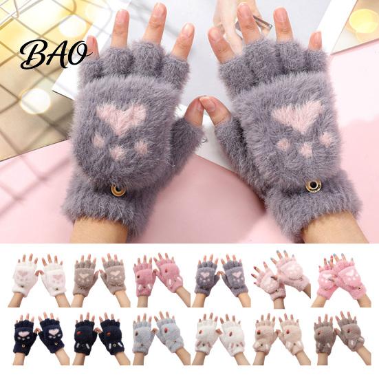 Cute Bear Paw Thermal Mittens Furry Cat Gloves, Flip Top Mitten with Button for Women, Winter Comfortable Indoor Outdoor Gloves Plush Half Finger
