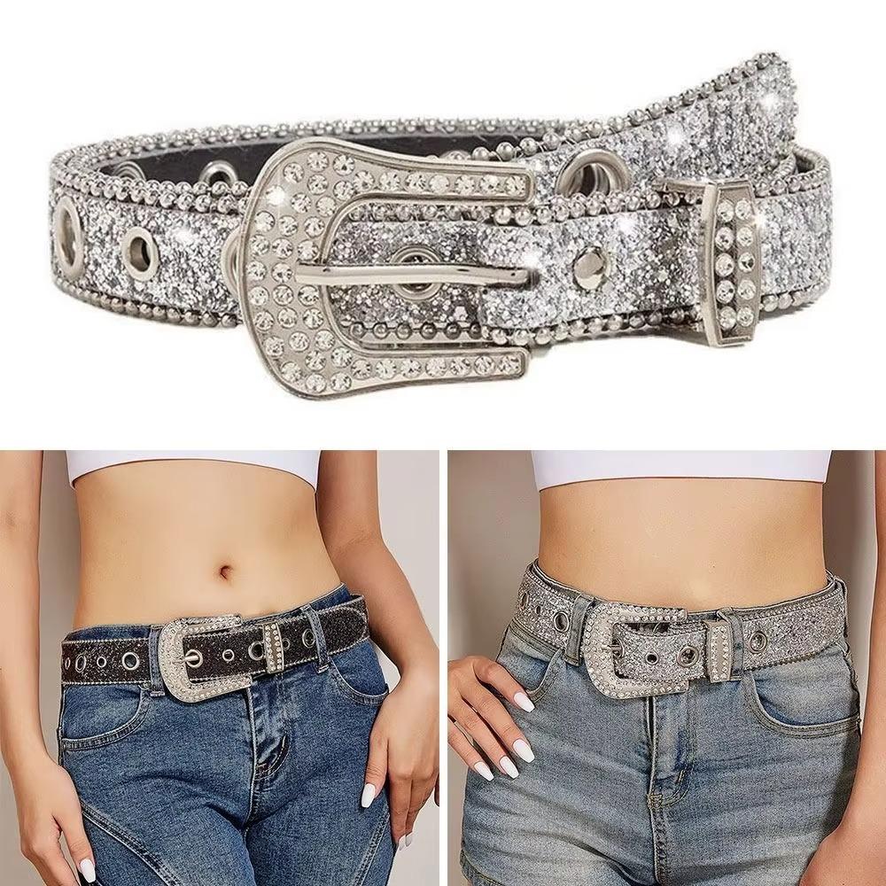 Adjustable Glitter Waistband PU Leather Belts Fashion Full Rhinestone Belt for Women Girls