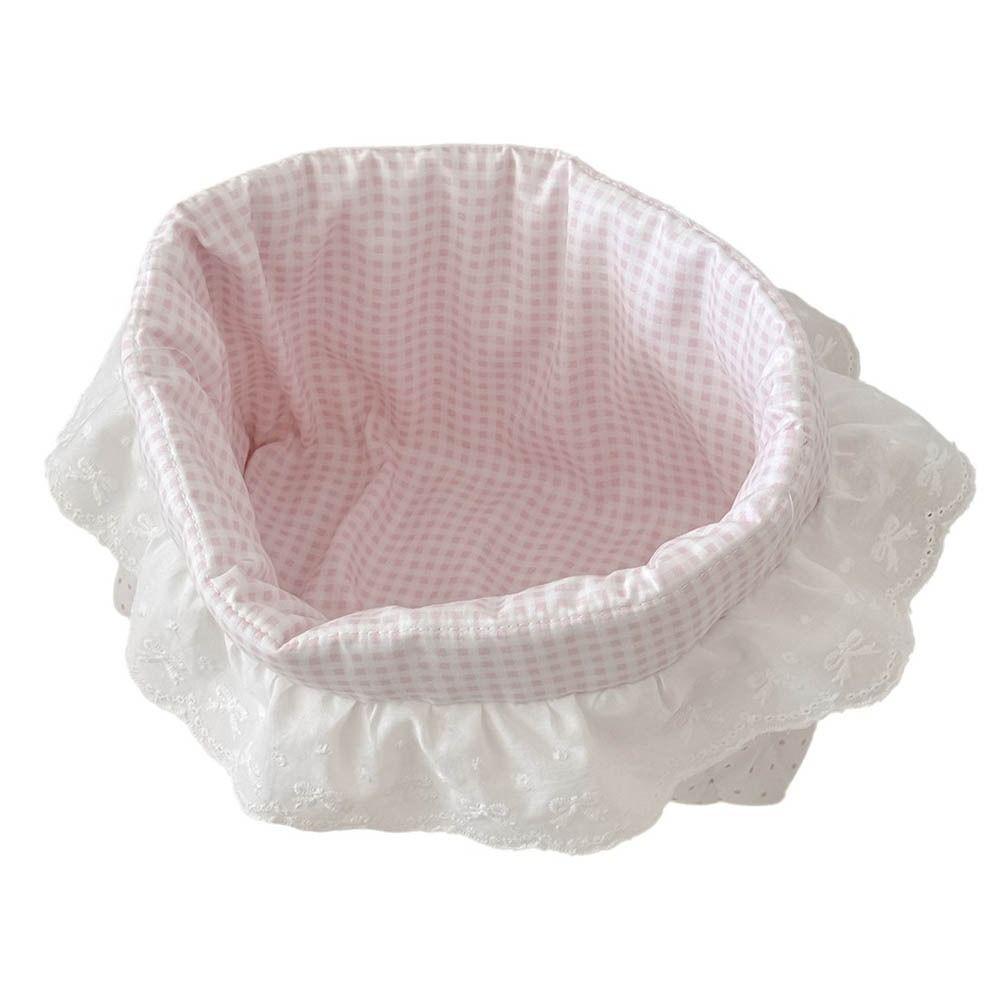 Cute Quilting Cotton Cloth Storage Basket Oval Lace Storage Box Foldable Pink Dots Organizer Box Organizer